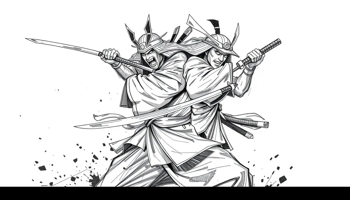 Samurái ejecutando la revolucionaria técnica de dos espadas Niten Ichi-ryū creada por Miyamoto Musashi Demostración de la técnica Niten Ichi-ryū con katana y wakizashi