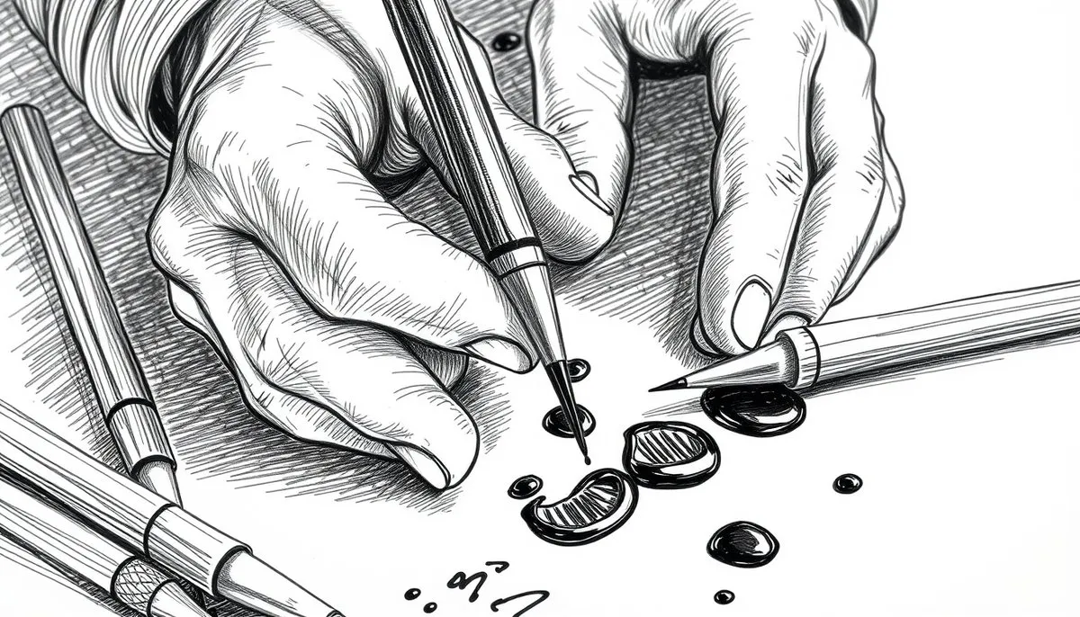 Arte de la caligrafía japonesa tradicional, representando la profundidad filosófica de los escritos de Musashi Manos escribiendo caligrafía japonesa con pinceles tradicionales