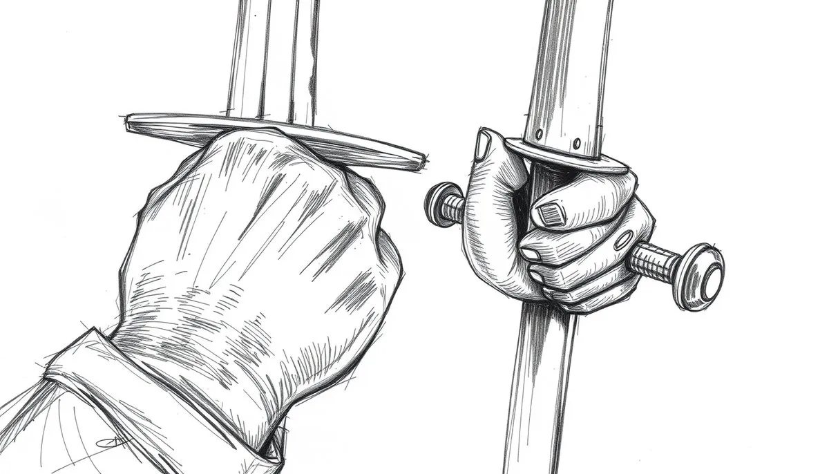 Detalle técnico de la empuñadura correcta de katana y wakizashi en el estilo de combate de dos espadas de Musashi Técnica de empuñadura dual con katana y wakizashi del estilo Musashi