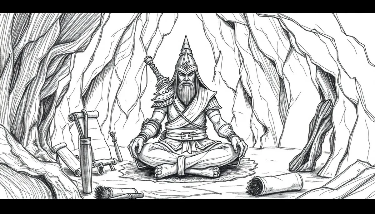 Musashi en retiro espiritual en la cueva Reigandō, dedicado a la filosofía y el arte de la caligrafía japonesa Miyamoto Musashi meditando en la cueva Reigandō rodeado de escritos